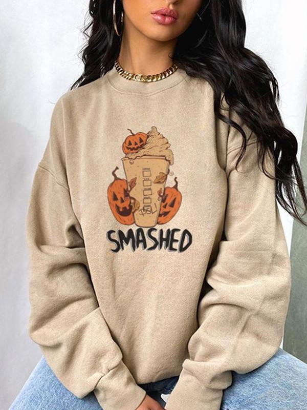 Halloween Round Neck Loose Pumpkin Print Plus Velvet Sweatshirt