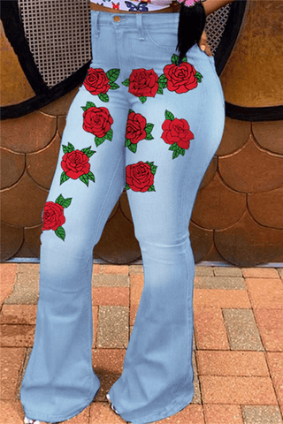 Fashion Casual Flower Print Basic High Waist Jeans