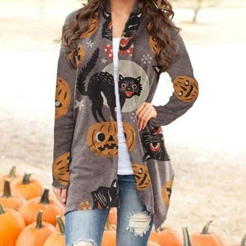 Halloween Cartoon Cat Pumpkin Magic Print Cardigan