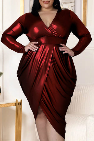 Plus Size Pleated Cross V Neck Evening Gowns Midi Dress