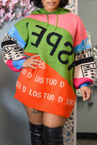 Plus Size Casual Hooded Long Sleeve Stitching Alphabet Multicolor Mini Sweater Dress