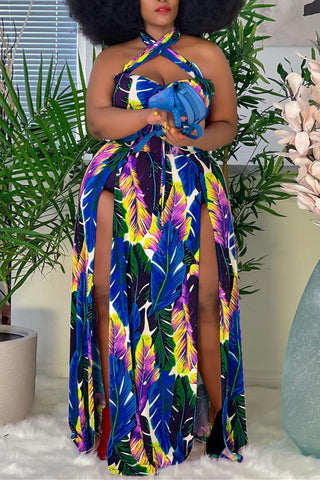 Plus Size Tropical Print Backless Slit Halter Sleeveless Dress