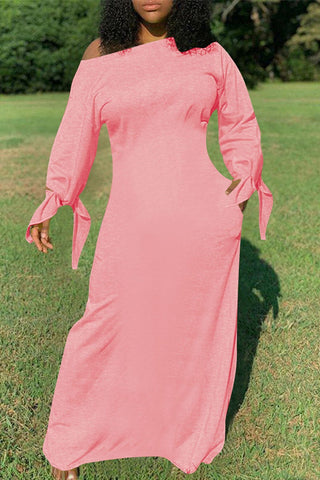 Plus Size Casual Solid One Shoulder Long Sleeves Knotted Maxi Dress