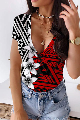 Casual Print Patchwork V Neck T-Shirts