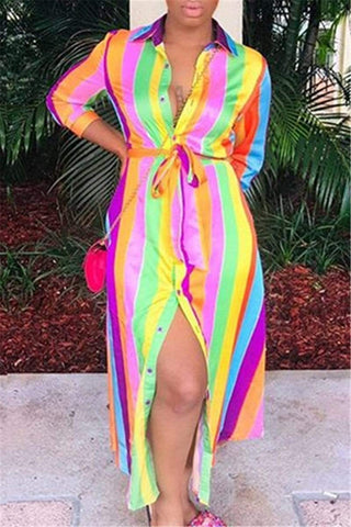 Fashion Rainbow Stripe Long Multicolor Dress