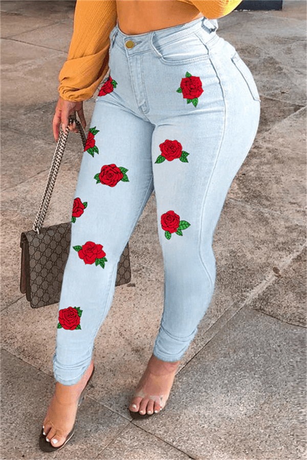 Fashion Casual Rose Print Slim Jeans