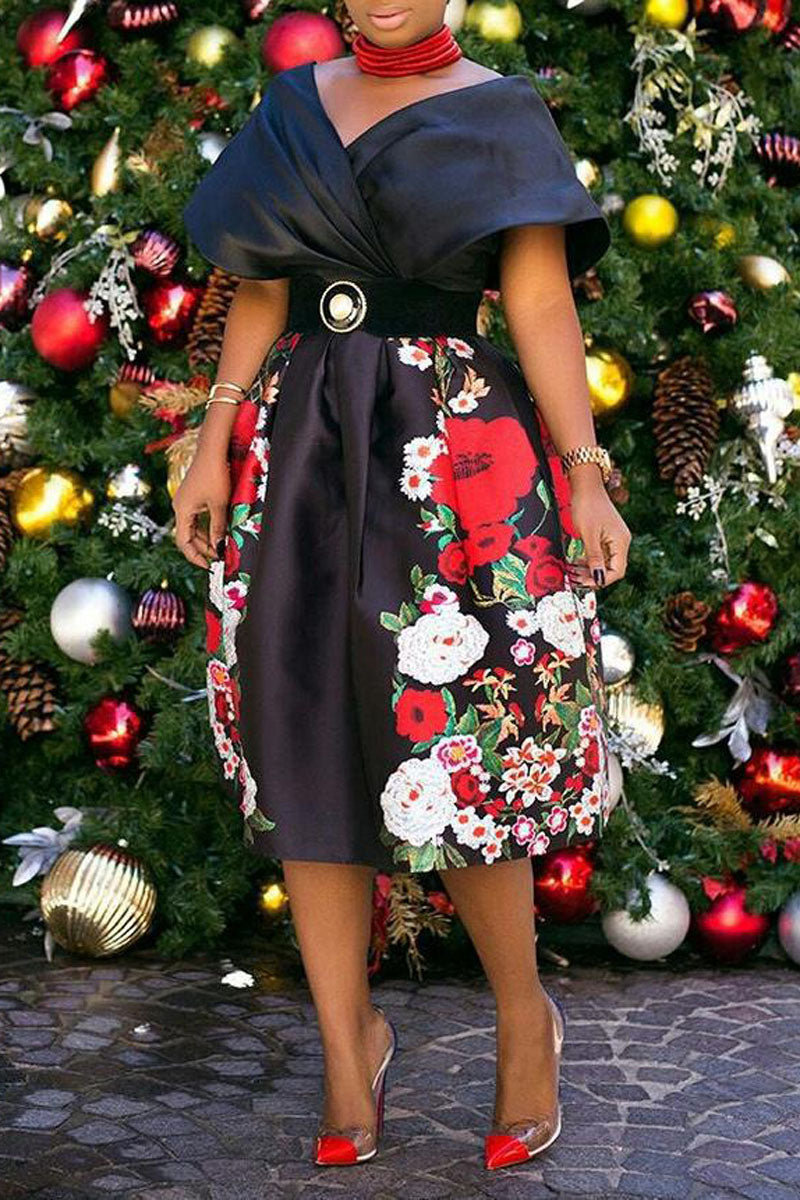 Online-clothing-plus-size-black-off-the-shoulder-floral-print-midi-dresswithout-belt