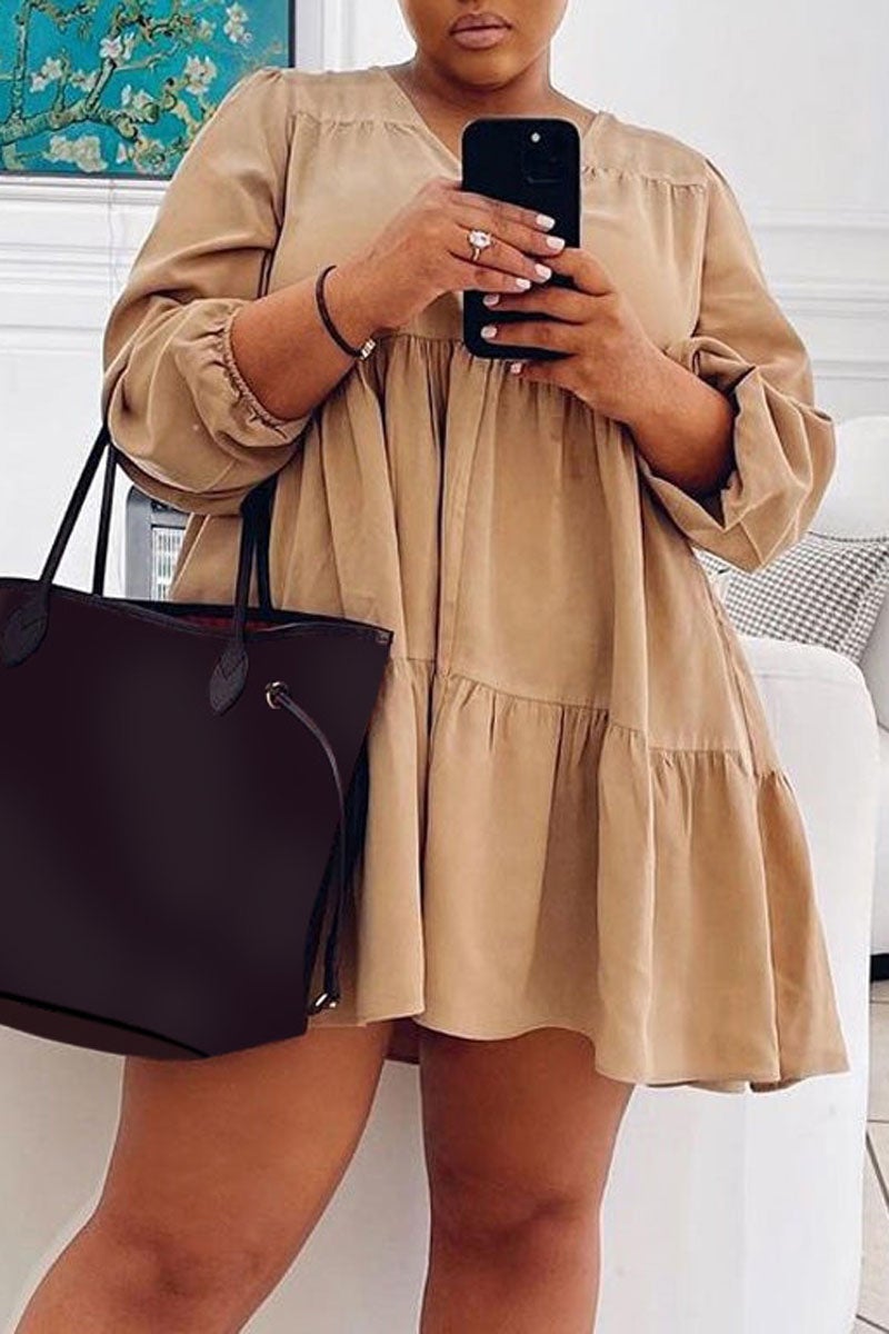 [Pre-Sale] Plus Size Casual O Neck Ruffle Long Sleeve Mini Dress