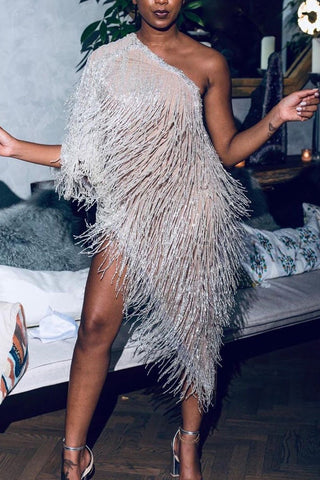 Plus Size Sexy Sleeveless Fringe  Asymmetrical Midi Dresses
