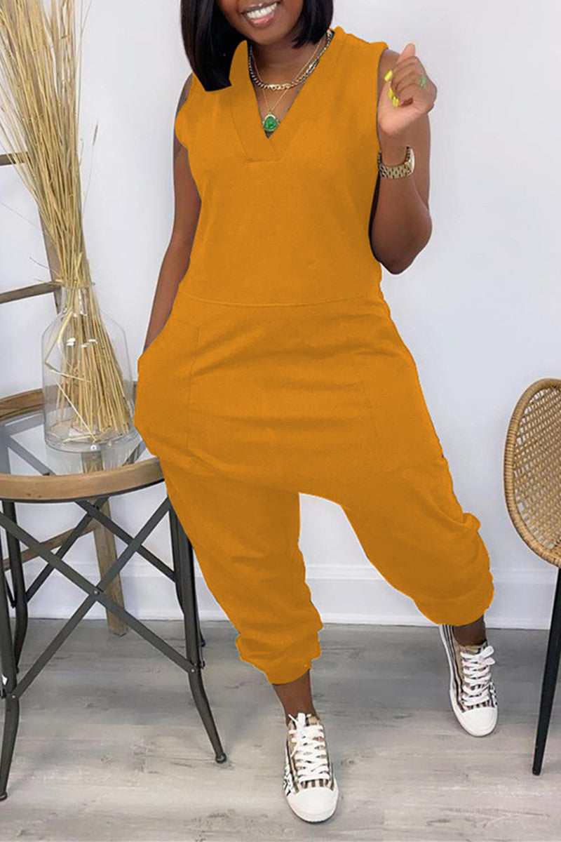 Sale-fashion-freeshipping-style-outfit-casual-solid-basic-v-neck-regular-sleeveless-jumpsuits