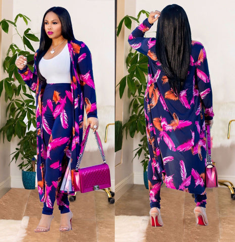 Plus Size All Over Print Midi Cardigan Two Piece Pants Set
