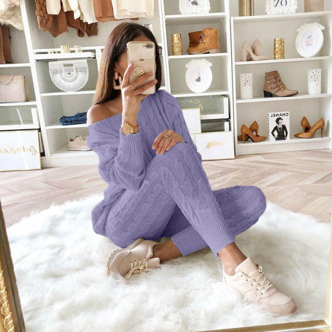 Free-shipping-online-clothing-plus-size-solid-long-sleeve-sweater-pants-two-pieces-set