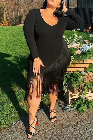 Online-clothing-plus-size-fringe-irregular-long-sleeve-bodycon-midi-dress