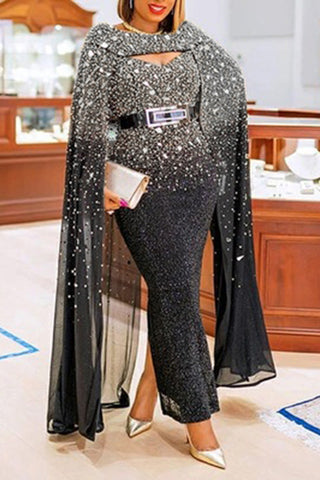 Plus Size Tulle Hollowed Out Sequin Split Joint Maxi Dress(No Belt)