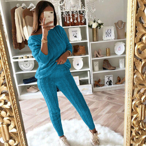 Plus Size Solid Long Sleeve Sweater Pants Two Pieces Set