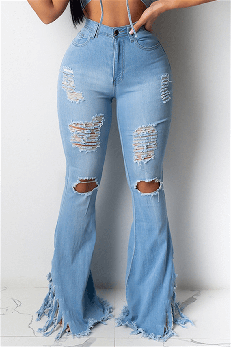 Fashion Casual Broken Hole Denim Trousers(Without Waist Chain)