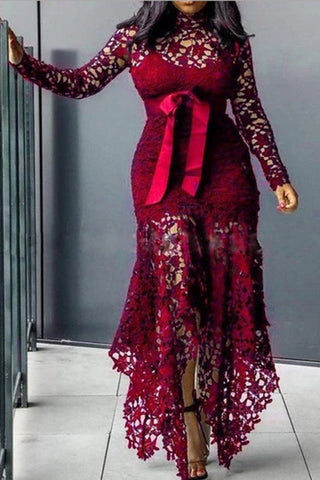 Plus Size Sheer Maxi Dresses Long Sleeve Lace