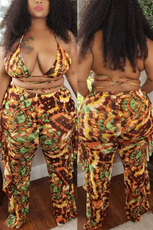 Sexy Plus Size Ruffle Patchwork Two Pieces