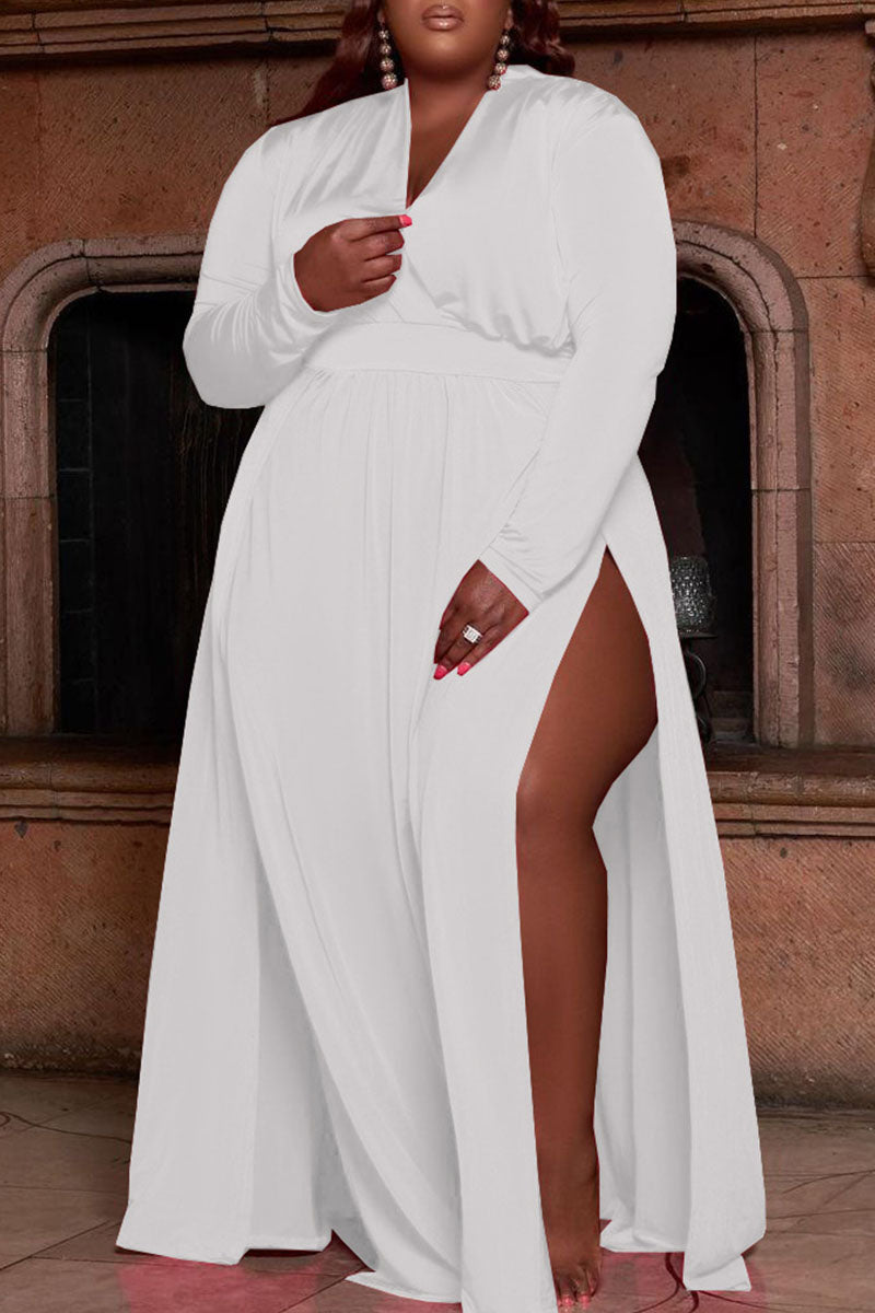 Online-clothing-plus-size-casual-solid-split-joint-v-neck-straight-maxi-dresses
