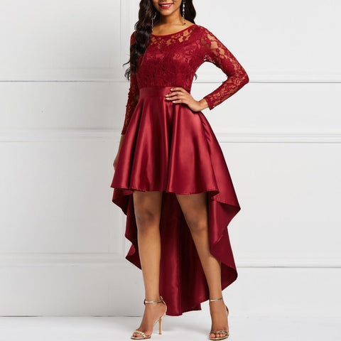 Evening Party Date Asymmetric Satin Hollow Out Floral Lace Long Dress