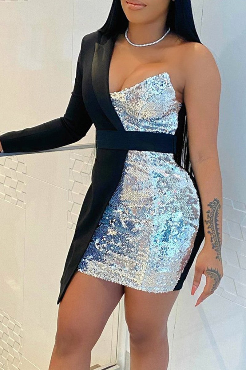 Online-clothing-plus-size-elegant-solid-split-joint-asymmetrical-sequin-asymmetrical-collar-mini-dress