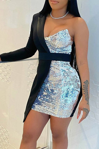 Plus Size Elegant Solid Split Joint Asymmetrical Sequin Asymmetrical Collar Mini Dress(With Transparent Shoulder Strap)