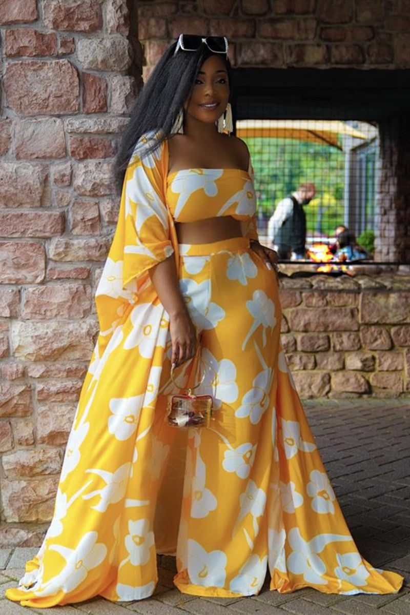 Free-shipping-online-clothing-pre-saleplus-size-casual-yellow-print-kimono-pant-3-piece-set