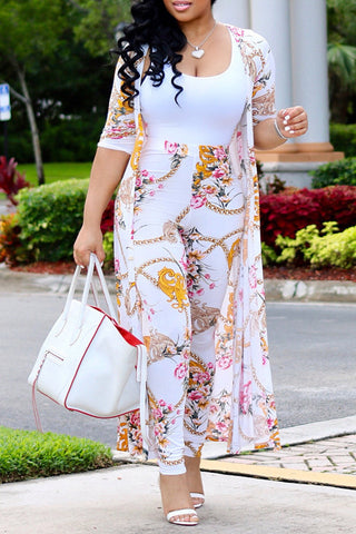 Plus Size All Over Print Midi Cardigan Two Piece Pants Set