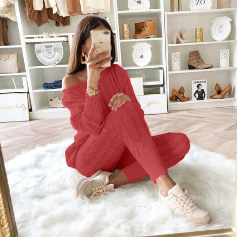 Free-shipping-online-clothing-plus-size-solid-long-sleeve-sweater-pants-two-pieces-set