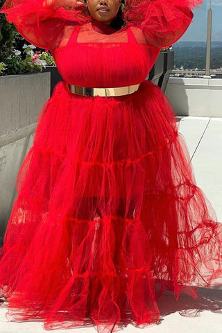 Plus Size Solid Sheer Ruffle Sleeve Maxi Dresses