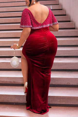 Online-clothing-plus-size-plain-dresses-ruffle-sleeves-hot-drilling-maxi-dress