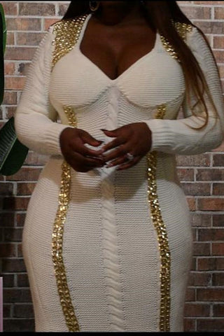 Online-clothing-plus-size-split-joint-long-sleeve-with-golden-chain-knit-sweater-midi-dress