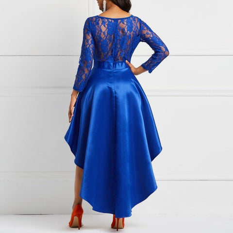 Evening Party Date Asymmetric Satin Hollow Out Floral Lace Long Dress