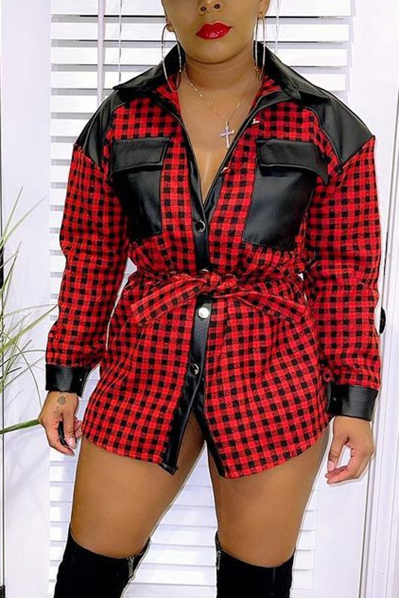 Online-clothing-plus-size-pu-leather-patchwork-plaid-print-cardigan-mini-dress