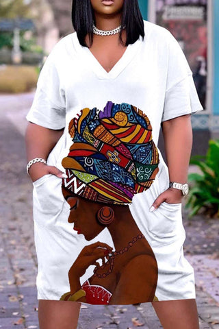 Plus Size V Neck Short Sleeve Cute Black Girl Print Midi Dress-Red