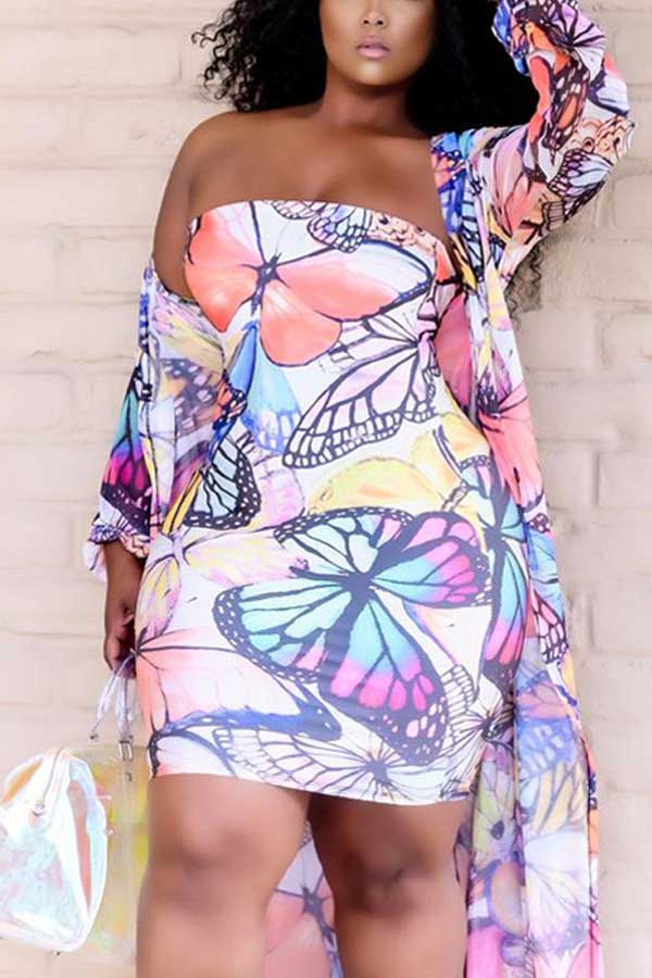 Fashion Butterfly Print Dress Long Cardigan Set