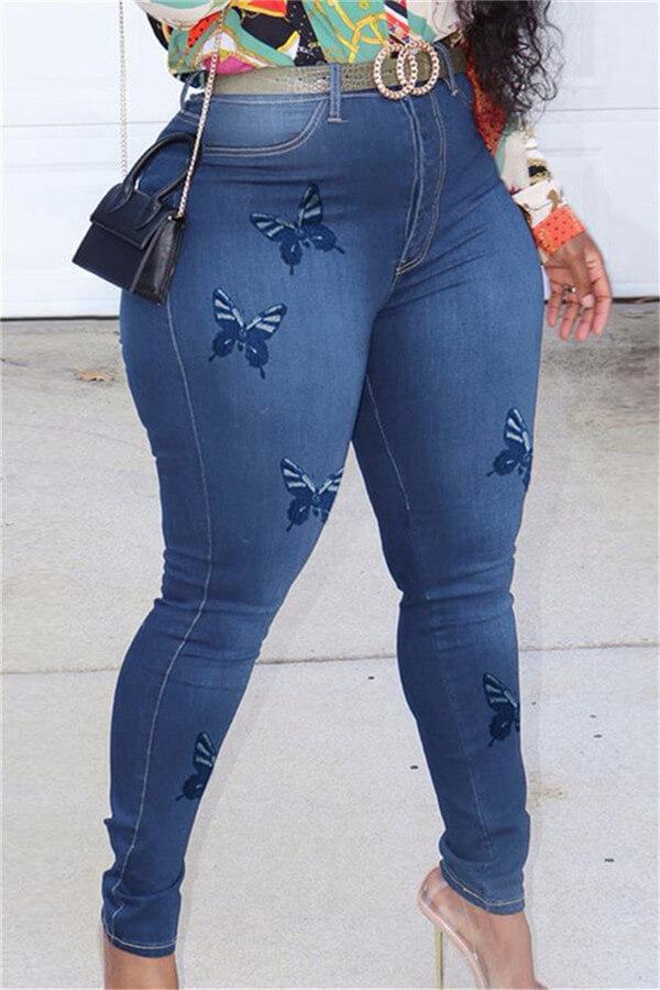 Fashion Butterfly Print Skinny Jeans（Without Belt）