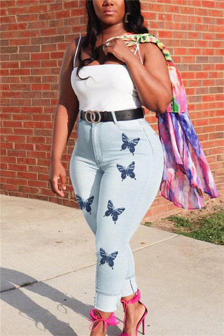 Fashion Butterfly Print Skinny Jeans（Without Belt）