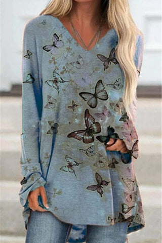 Fashion Butterfly Print V Neck Blouse