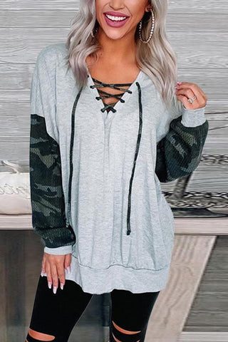 Fashion Camouflage Print Sleeve V-neck Top