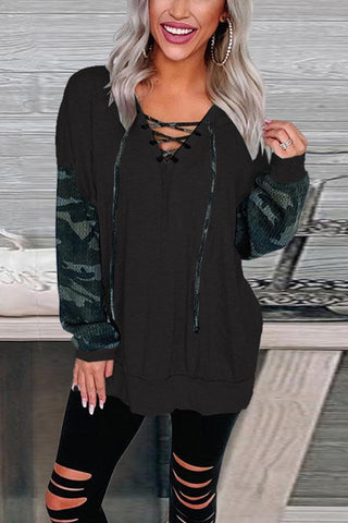 Fashion Camouflage Print Sleeve V-neck Top