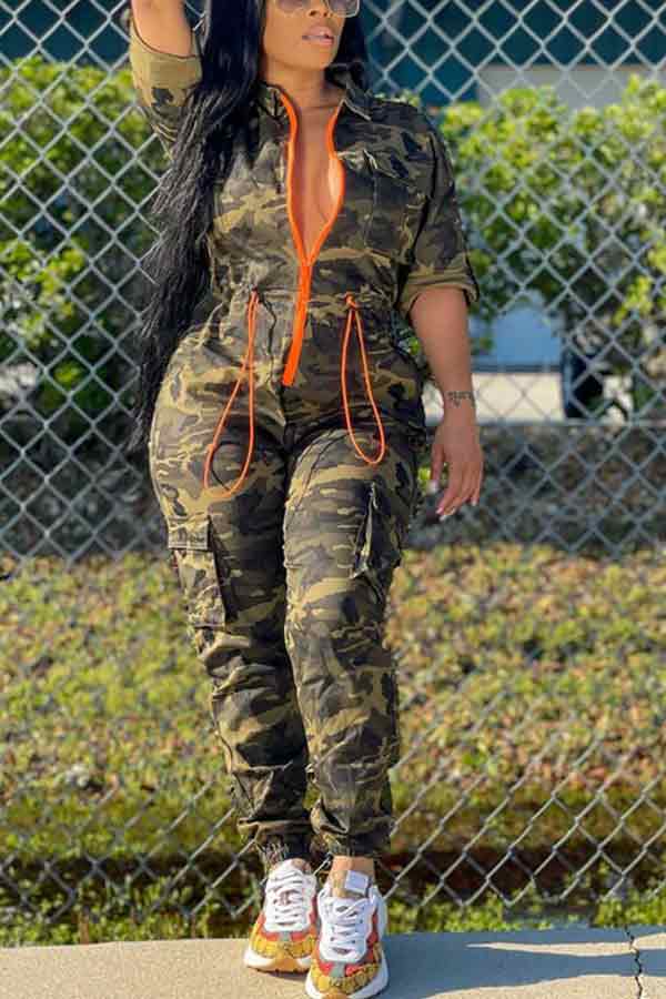 Fashion Casual Camouflage Zipper Jumpsuit