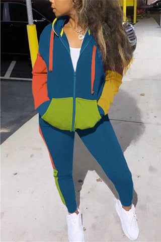 Fashion Casual Colorful Patchwork Hoodie Two Pieces