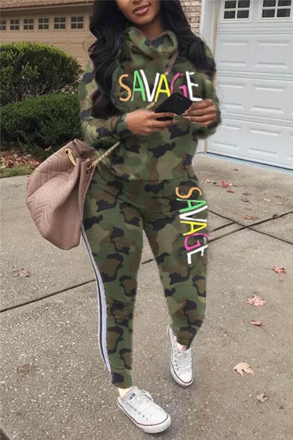 Fashion Casual Letter Print Camouflage Plus Size Set