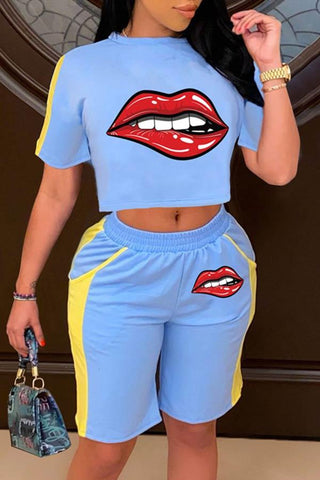 Fashion Casual Lips Printed Shorts Set