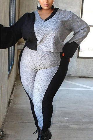 Fashion Casual Patchwork V Neck Plus Size Set