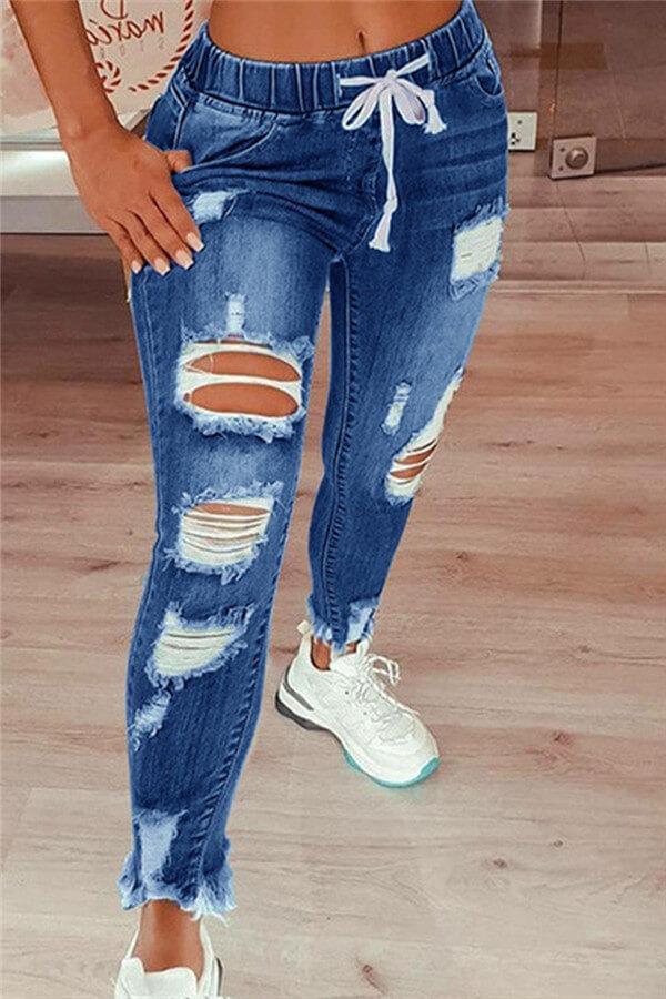 Fashion Casual Solid Broken Holes Jeans