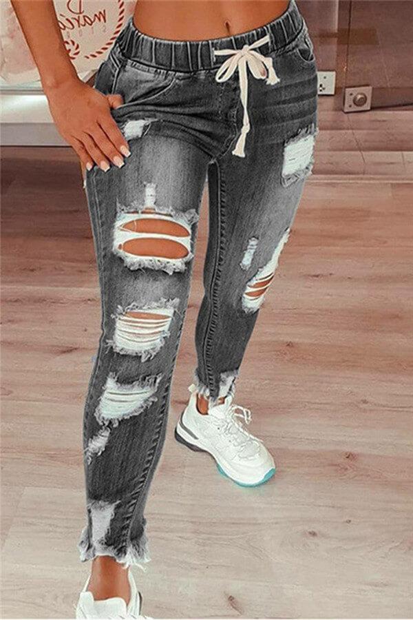 Fashion Casual Solid Broken Holes Jeans