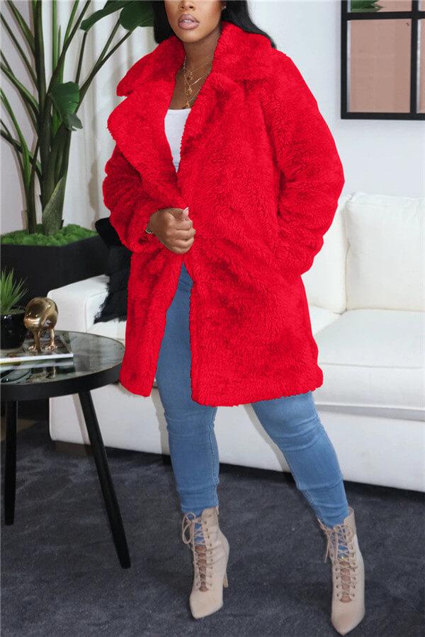 Fashion Casual Solid Color Furry Turndown Collar Outerwear