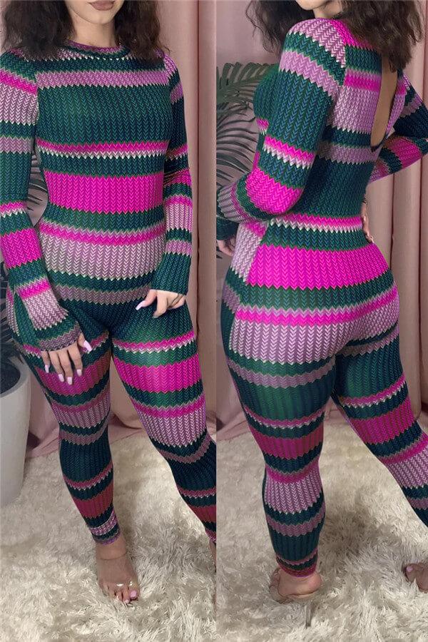 Fashion Casual Striped Print Skinny Jumpsuits